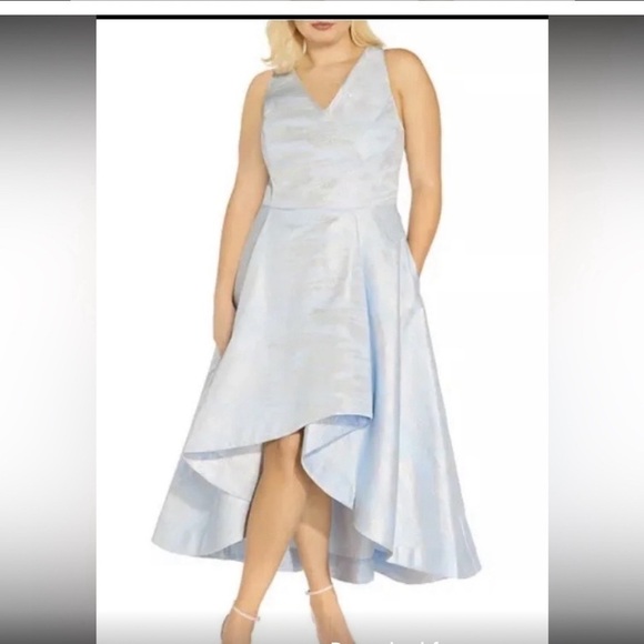 Adrianna Papell Women's Blue Silver Metallic Jacquard High Low Gown Dress 16 W - Picture 1 of 14